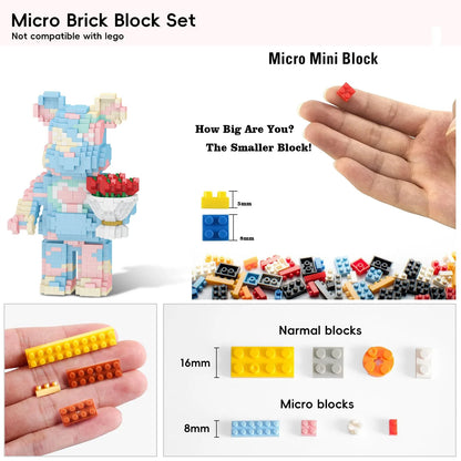 Kawaii Teddy Bear with Rose Bouquet Micro Building Blocks Set – 1090 Pieces