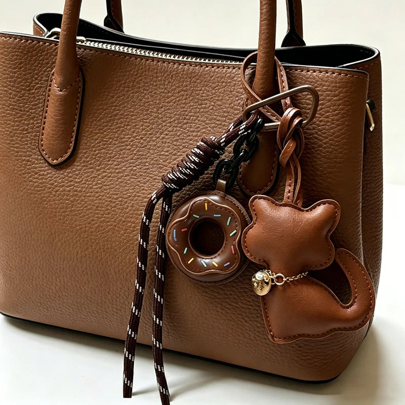 Cat Keychain – Cute Leather Cat & Donut Bag Charm with Tassel