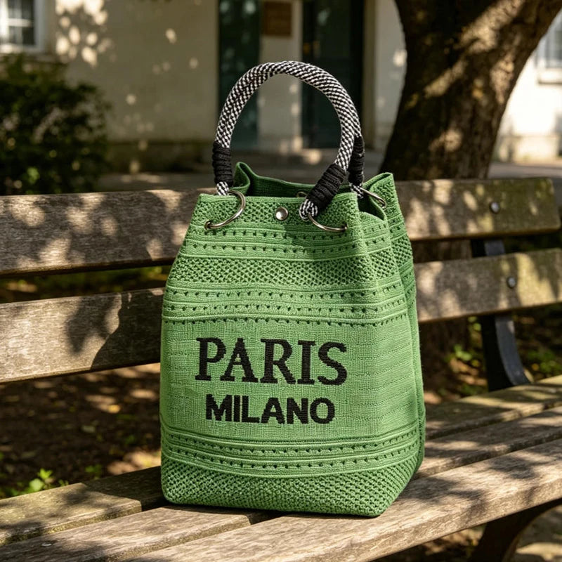 Knit Bucket Bag Women – Letter Print Woven Handbag Small Tote