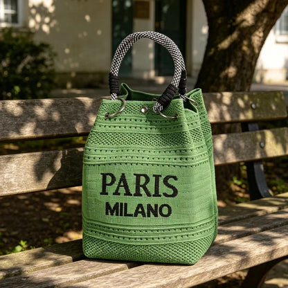 Knit Bucket Bag Women – Letter Print Woven Handbag Small Tote