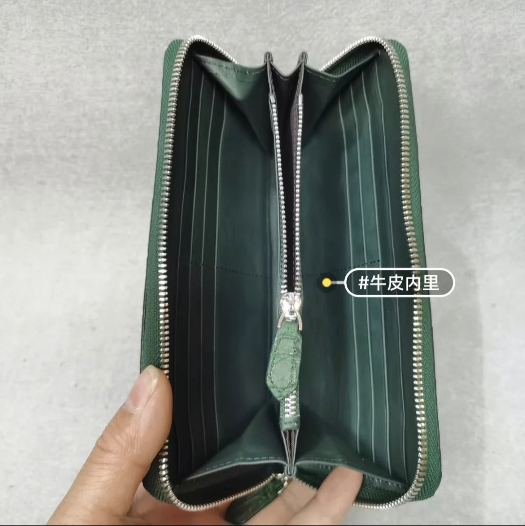 Genuine Crocodile Leather Long Zip Wallet in Green