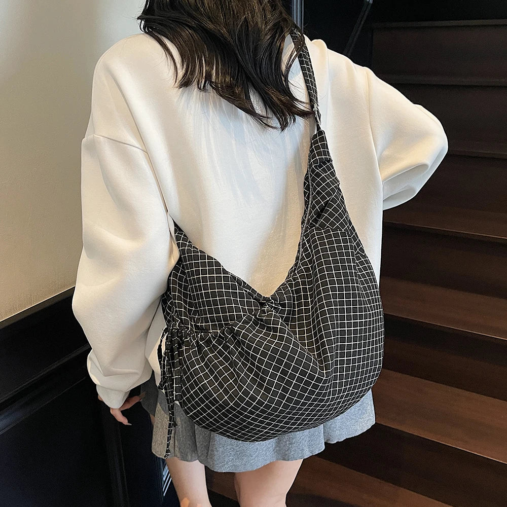 Large Canvas Plaid Shoulder Bag Pleated Hobo Crossbody Tote