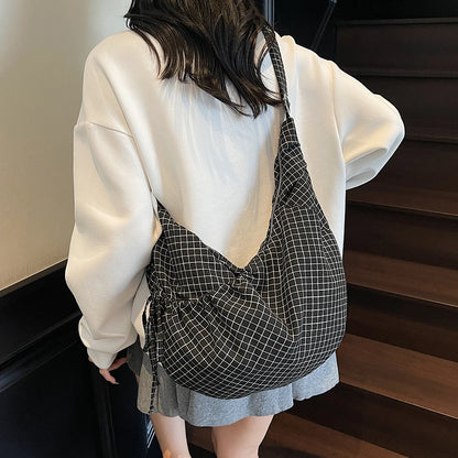 Large Canvas Plaid Shoulder Bag Pleated Hobo Crossbody Tote