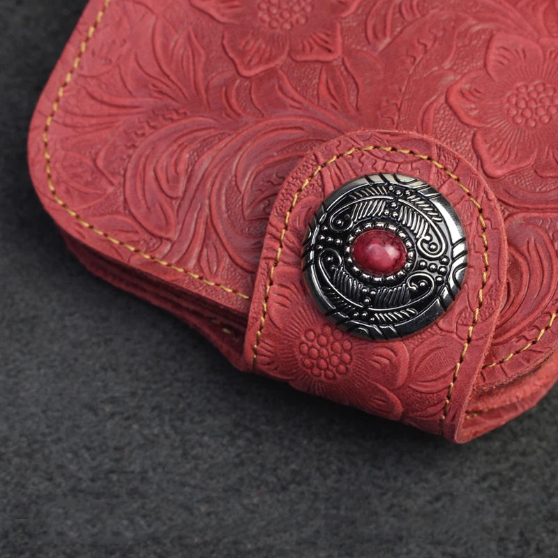 Men's Genuine Cowhide Leather Short Wallet – Floral Embossed Card Holder