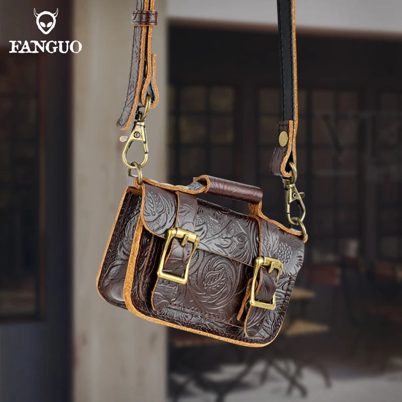 Genuine Leather Mini Crossbody Bag – Floral Embossed Satchel for Women