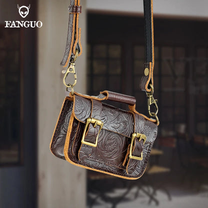 Genuine Leather Mini Crossbody Bag – Floral Embossed Satchel for Women