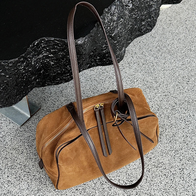 Genuine Suede Leather Tote Bag – Large Capacity Cowhide Shoulder Handbag