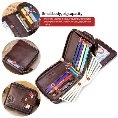 Men's Leather Zipper Wallet with Coin Purse & Card Slots