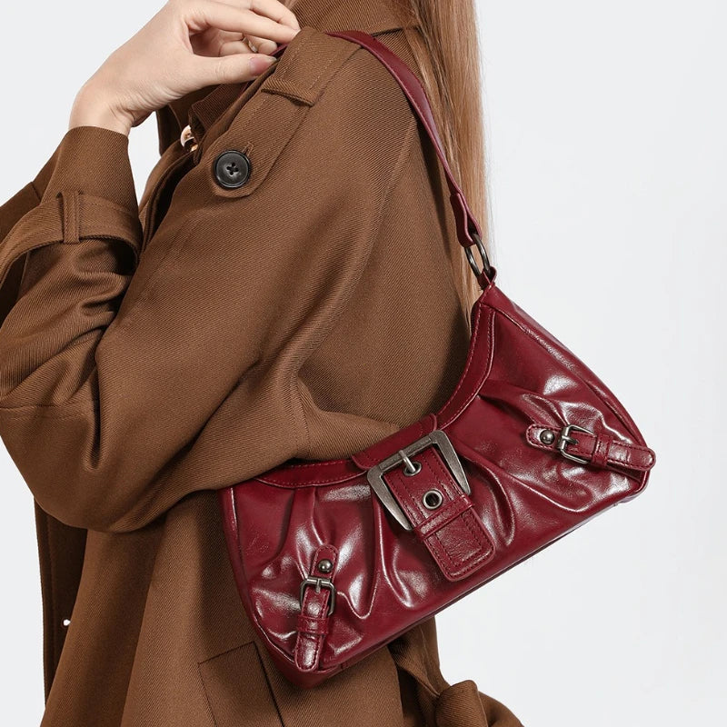 Y2K Pleated Hobo Shoulder Bag – Retro Buckle Underarm Clutch for Women