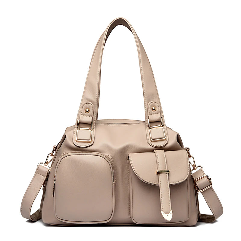 Leather Tote Handbag with Dual Front Pockets & Arrow Hardware