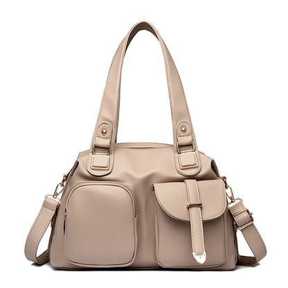 Leather Tote Handbag with Dual Front Pockets & Arrow Hardware