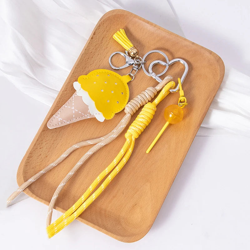 Ice Cream Cone Keychain Bag Charm with Woven Rope Tassel