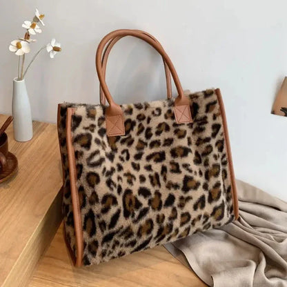 Fluffy Cow Print Tote Bag – Women's Plush Furry Handbag for Winter