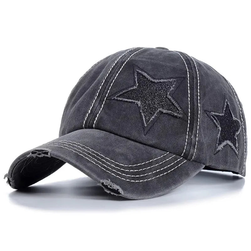 Retro Y2K Star Washed Denim Baseball Cap – Snapback Hat for Men & Women