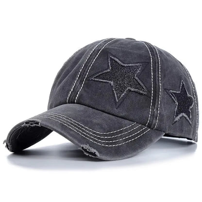 Retro Y2K Star Washed Denim Baseball Cap – Snapback Hat for Men & Women