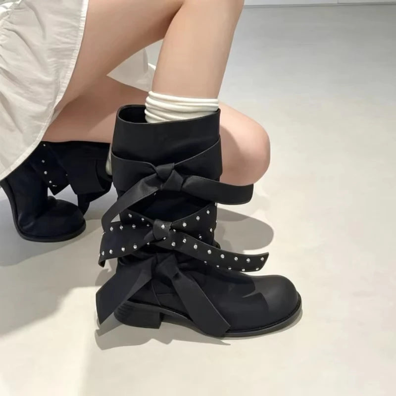 Punk Rivet Bow Mid-Calf Boots – Women's Block Heel British Style