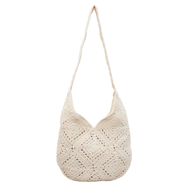 Crochet Hobo Shoulder Bag – Large Hollow-Out Woven Beach Bag