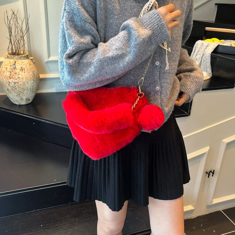 Fluffy Heart Shaped Fur Bag – Cute Plush Shoulder Bag with Chain Strap