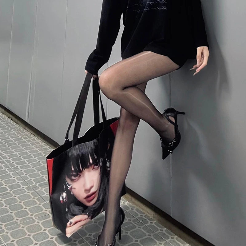 Gothic Girl Print Tote Bag Large Capacity Y2K Shoulder Bag