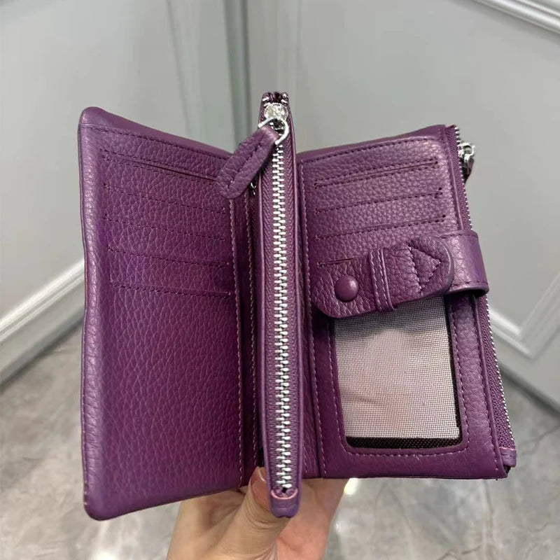 Genuine Leather Short Wallet for Women – Multifunctional Card Holder Zipper Coin Purse