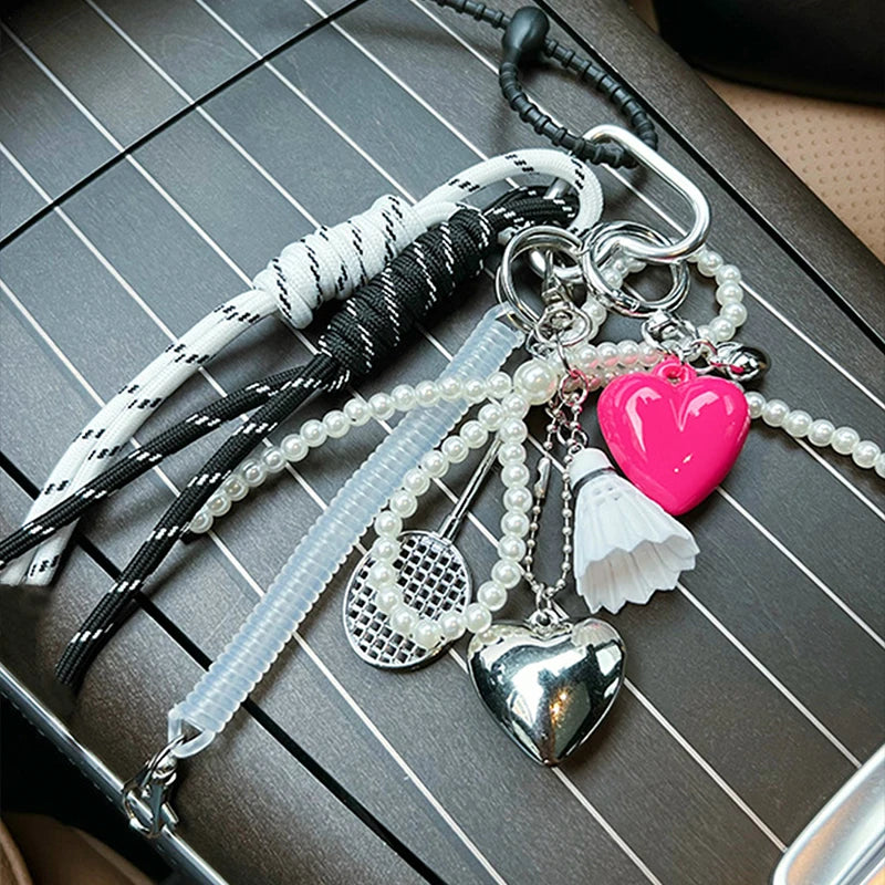 Pearl Charm Keychain with Sports & Heart Pendants – Korean Style