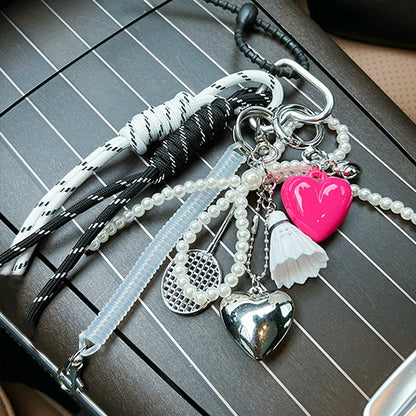 Pearl Charm Keychain with Sports & Heart Pendants – Korean Style