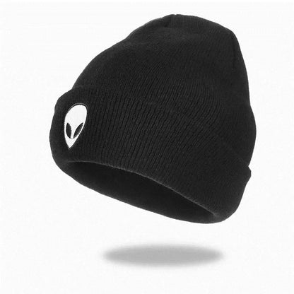 Knitted Beanie Hat with Alien Ghost Skull Embroidery