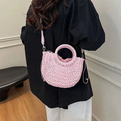 Woven Straw Handbag - Women's Half Moon Rattan Shoulder Bag