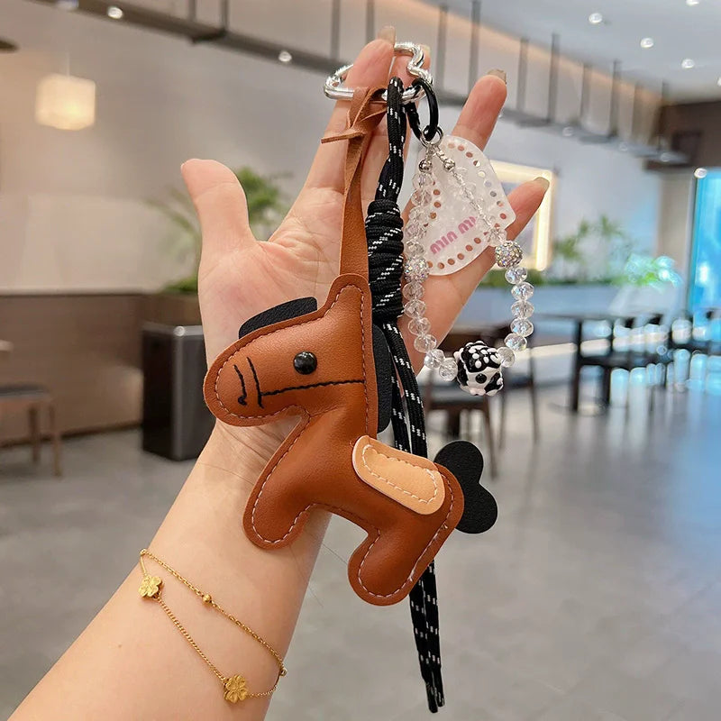 PU Leather Pony Keychain Bag Charm with Braided Rope & Bow