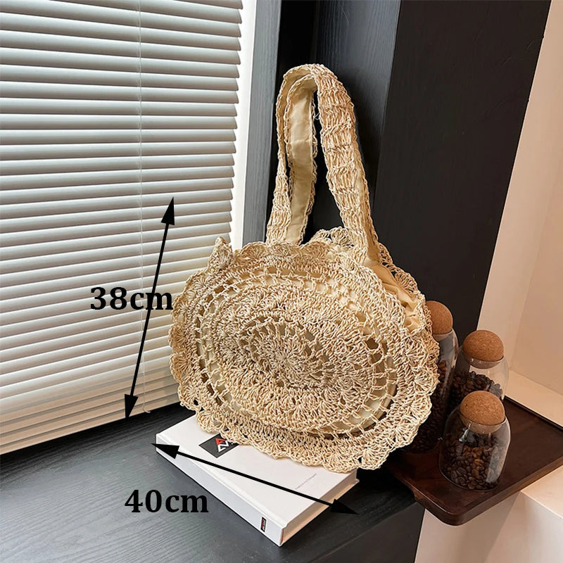 Handmade Straw Woven Round Beach Tote Bag