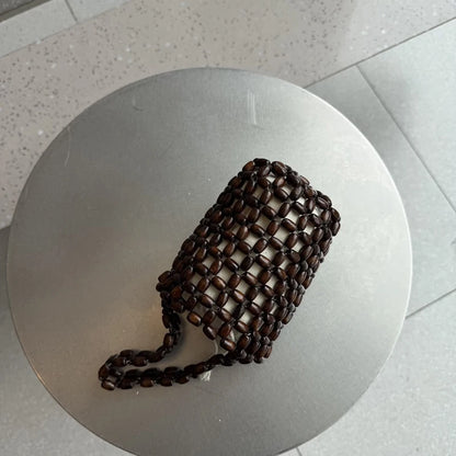 Handmade Wooden Bead Woven Bucket Bag – Mini Hollow Handbag for Women
