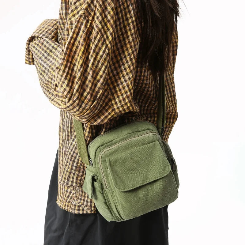 Mini Canvas Crossbody Bag for Women – Multi-Pocket Shoulder Purse