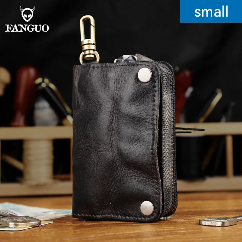 Genuine Leather Key Wallet for Men – Handmade Zipper Key Organizer with Card Slot