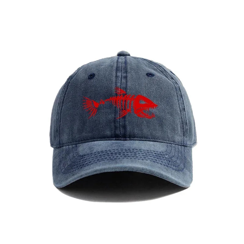 Fish Bone Baseball Cap Distressed Washed Cotton Fishing Hat