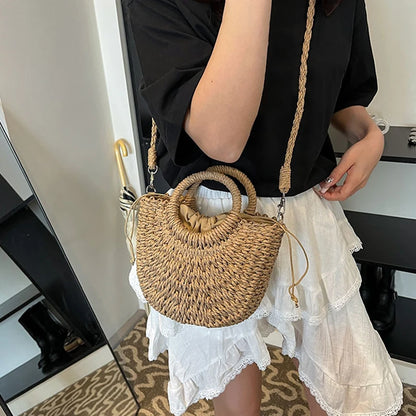 Woven Straw Handbag - Women's Half Moon Rattan Shoulder Bag