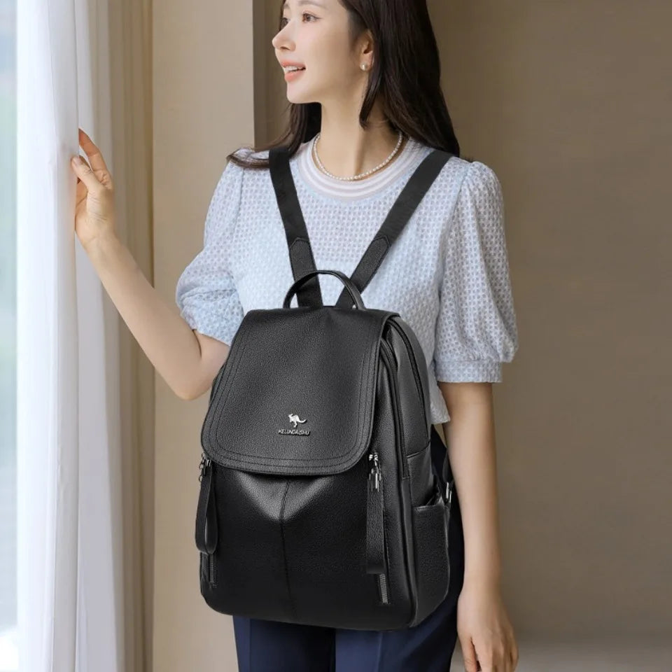 Women's PU Leather Backpack – Large Capacity Multi-Pocket School Bag
