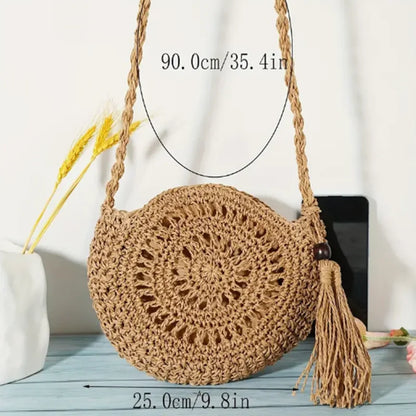 Round Straw Crossbody Bag with Tassel – Hollow Woven Purse