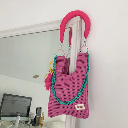 Beach Handbag Girls Summer Rope Hollow Out Hand Woven Shoulder Crossbody Totes Bag Women Knitting