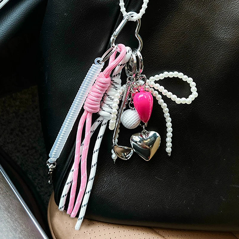 Pearl Charm Keychain with Sports & Heart Pendants – Korean Style