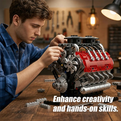 Twin-Turbo V8 Engine Building Blocks Kit – Motorized Technical Set
