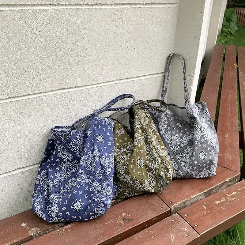 Retro Cashew Flower Shoulder Bag Student Canvas Large Capacity Handbag Casual Tote Woman