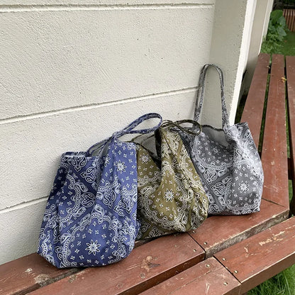 Retro Cashew Flower Shoulder Bag Student Canvas Large Capacity Handbag Casual Tote Woman