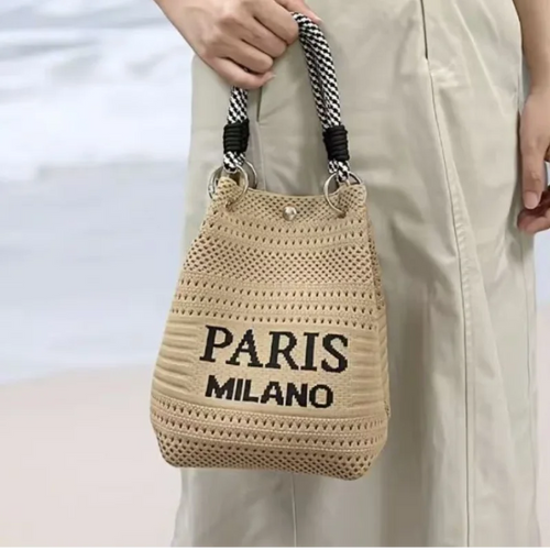 Knit Bucket Bag Women – Letter Print Woven Handbag Small Tote