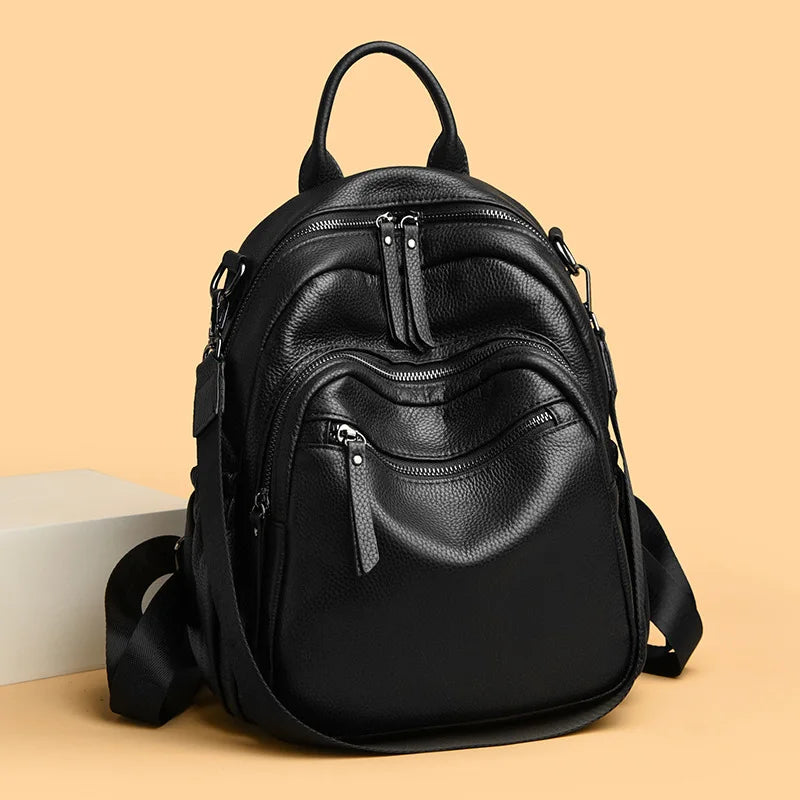 Genuine Leather Women Backpack – Triple-Zip Luxury