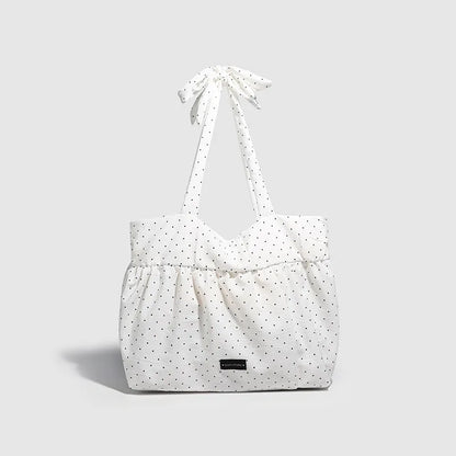 Korean Style Polka Dot Canvas Tote Bag Women Bow Decor Pleated Handbag Large Capacity Casual Daily