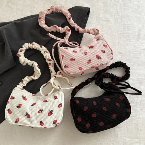 Strawberry Print Corduroy Shoulder Bag – Cute Women's Underarm Tote