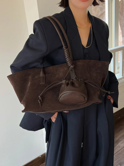 Vintage Large Capacity Suede Tote Bag Designer Trapeze Shoulder Bags Women Luxury Genuine Leather
