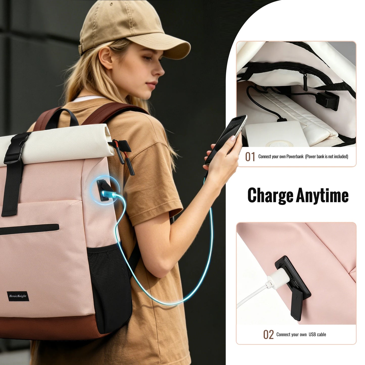 Roll-Top Laptop Backpack for Women, Waterproof Travel Bag with USB Port