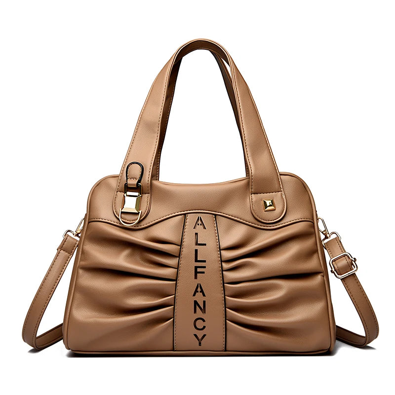 Ruched Vegan Leather Handbag with Top Handle & Crossbody Strap