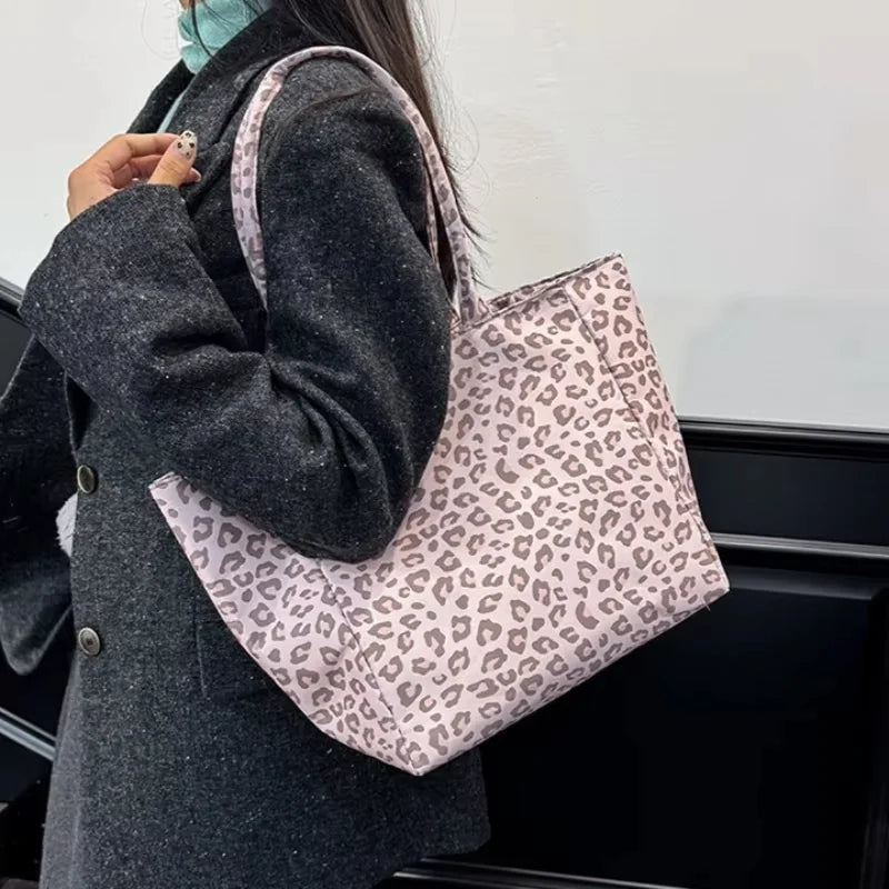 Leopard Print Canvas Tote Bag – Large Capacity Shoulder Bag for Women